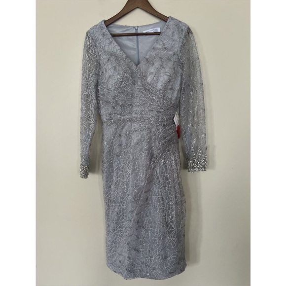 Mac Duggal long sheer sleeves V neck midi dress - Picture 8 of 15